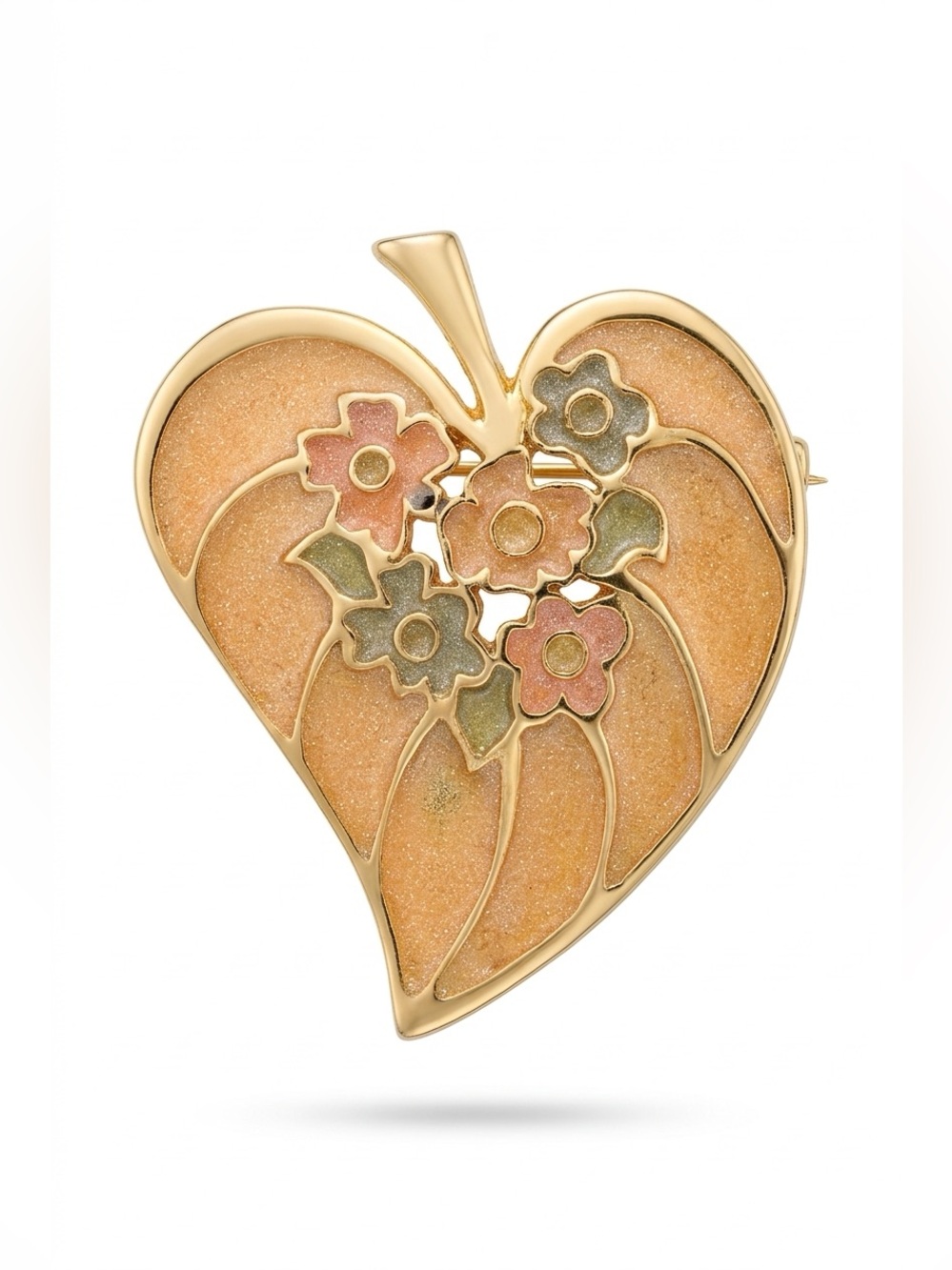 Vintage Peach Floral Heart Brooch - Women's Jewelry